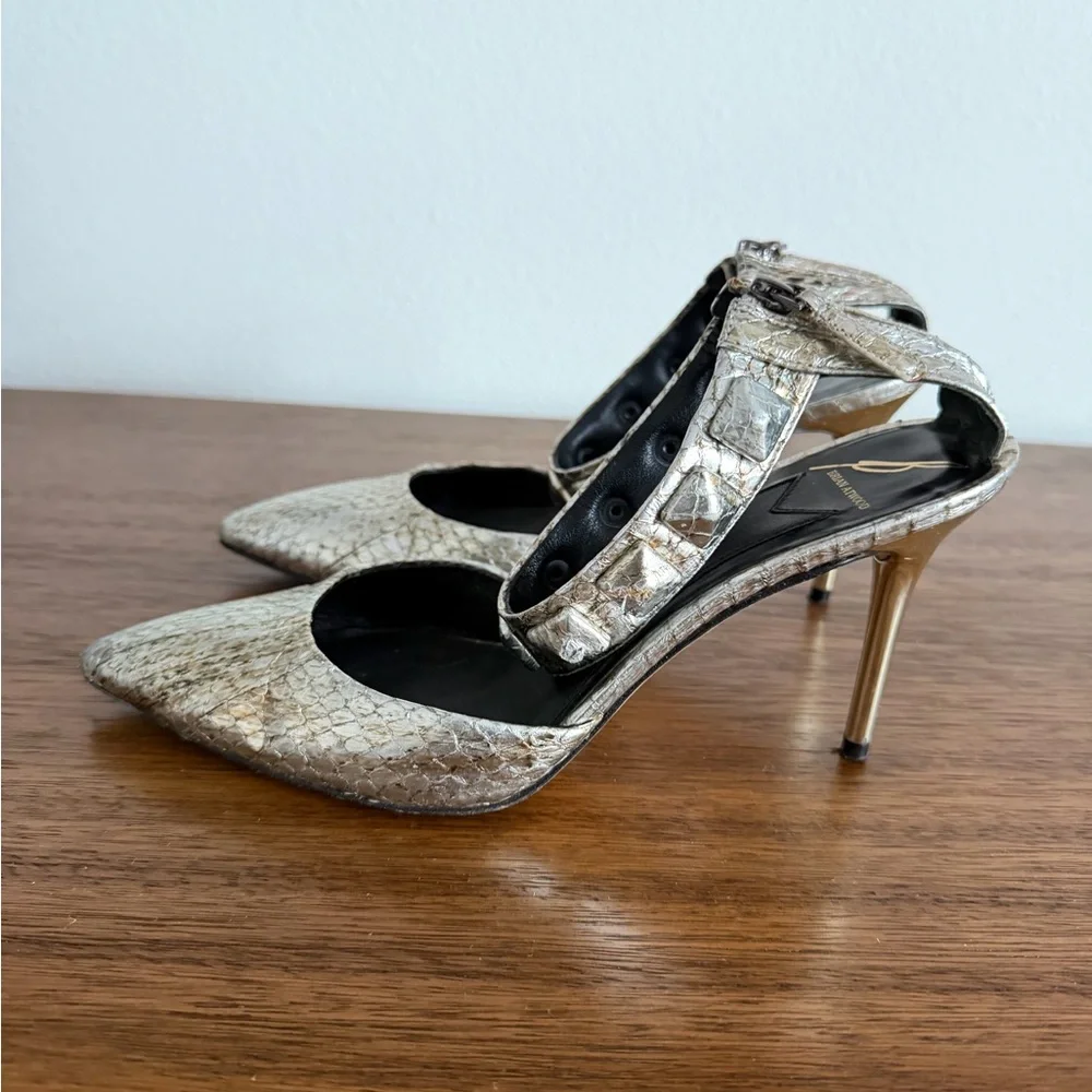 Brian Atwood Metallic Snakeskin Pumps – Embellished Ankle Strap